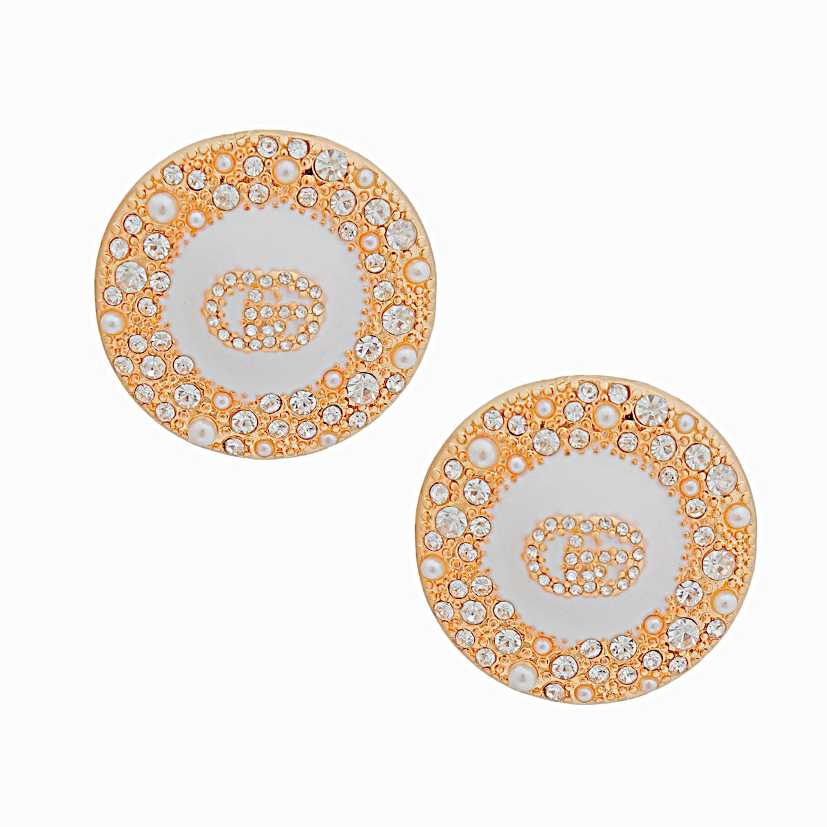 Gold and White Pearl GG Rhinestone Dome Studs