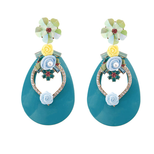 Aqua Flower Teardrop Earrings - Pearl & Bead