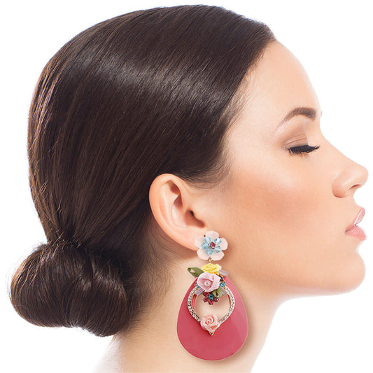 Aqua Teardrop Earrings - Rhinestone & Flower