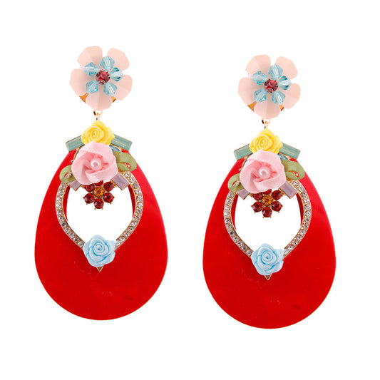 Pink Teardrop Earrings - Rhinestone & Flower