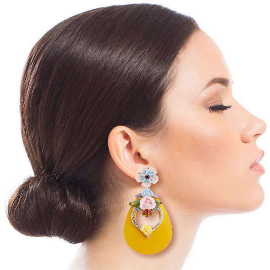 Red Teardrop Earrings - Rhinestone & Flower