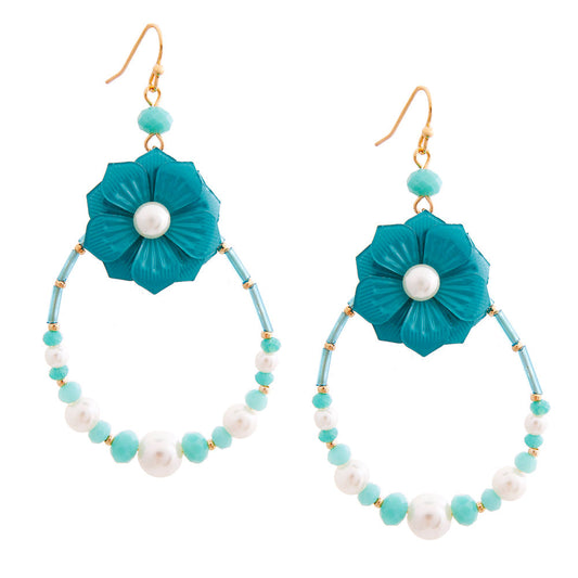 Aqua Flower Teardrop Pearl Earrings