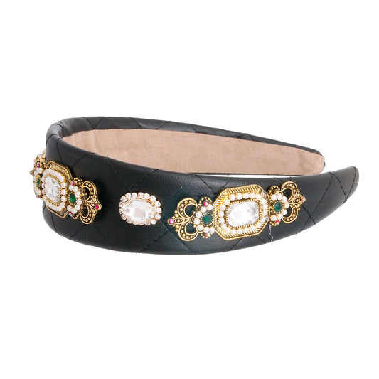 Black Vegan Leather Crystal Headband