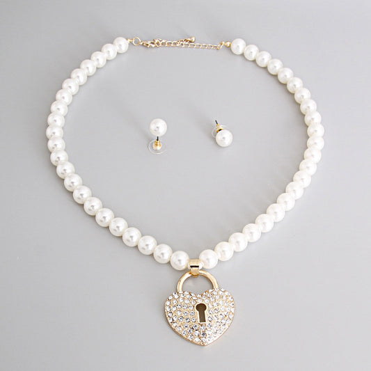 Cream Pearl Heart Lock Pendant Necklace