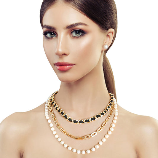 3 Layer Gold Chain and Pearl Necklace