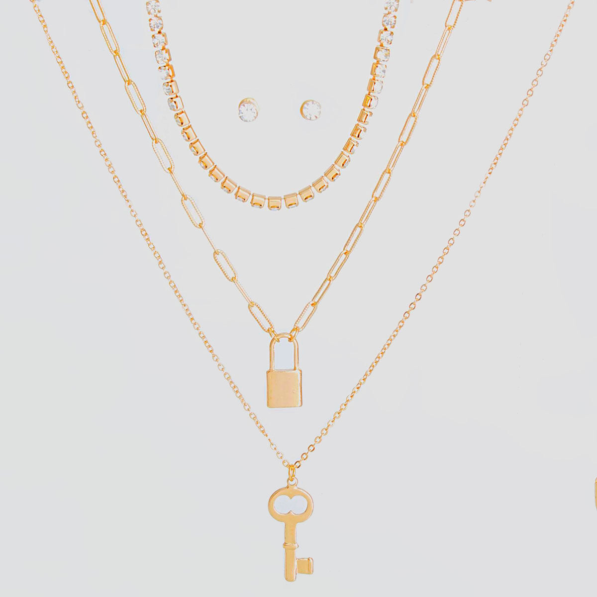 Gold 3 Layer Lock and Key Necklace