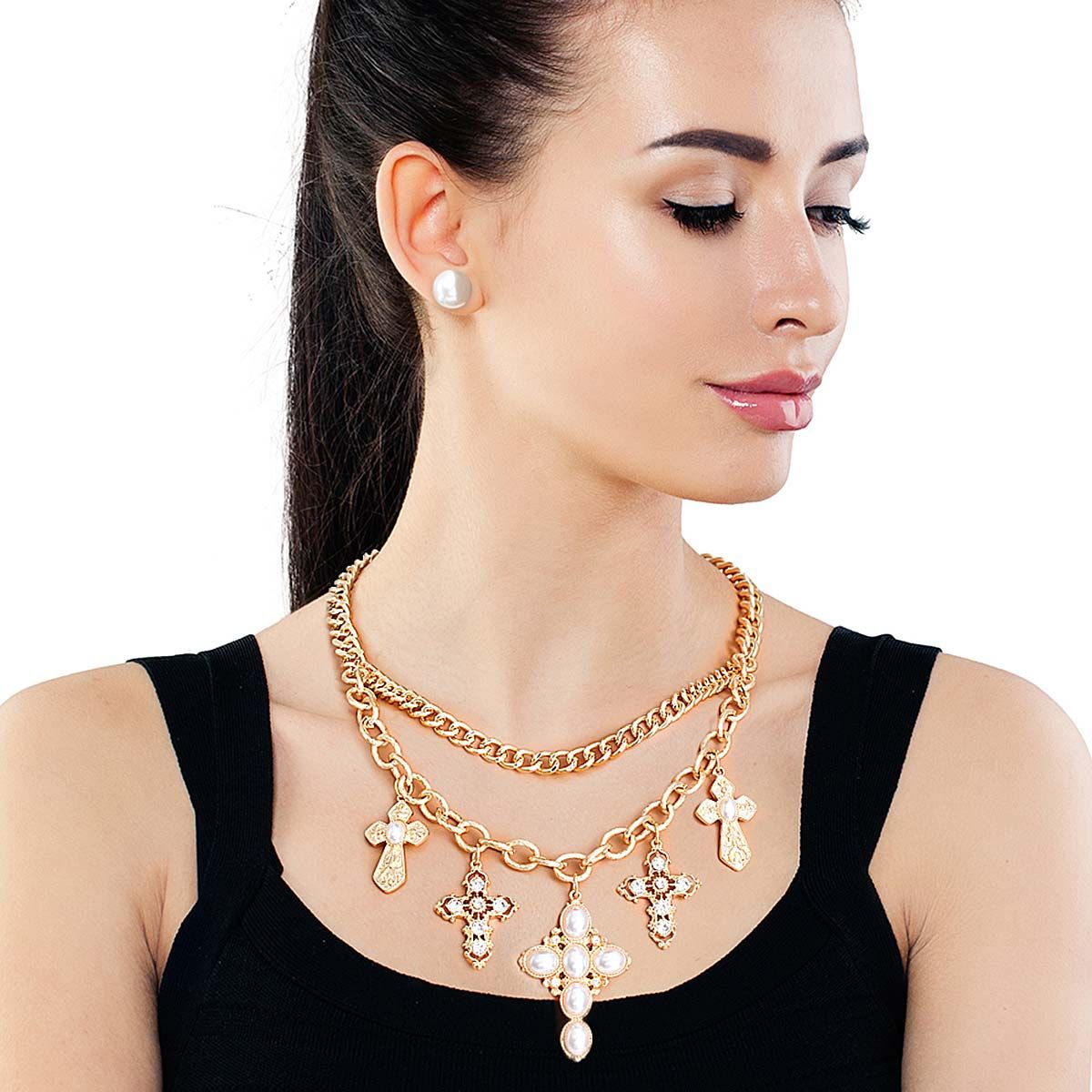 Gold Pearl Stone Cross Set