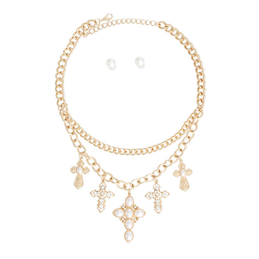 Gold Pearl Stone Cross Set