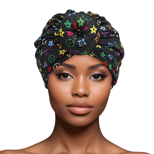 Turban Pre-Tied Donut Black Monogram Print Women