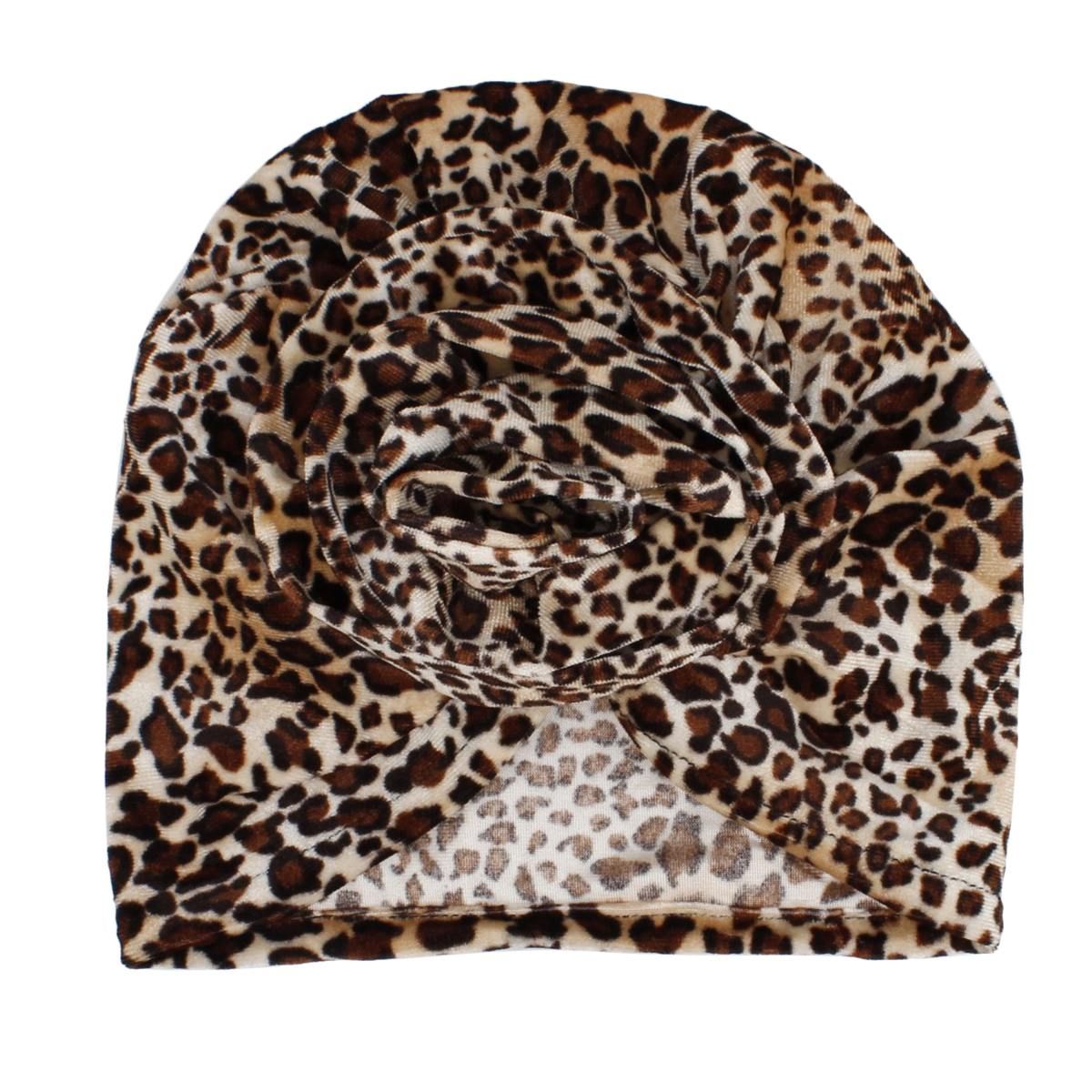 Turban Pre-Tied Flower Velvet Cheetah Print Women