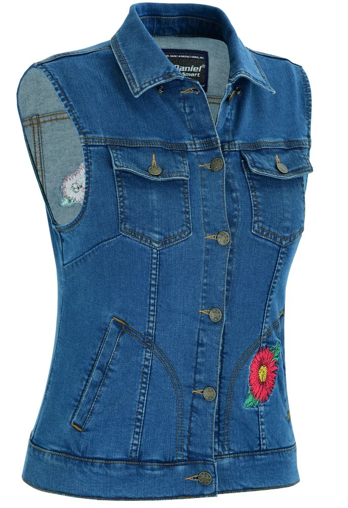 Daniel Smart  Women's Blue Denim Snap Front Vest with Red Daisy Side View