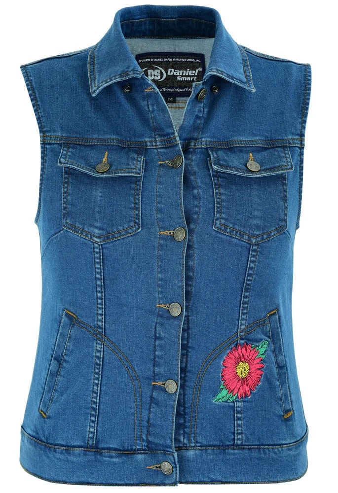 Daniel Smart  Women's Blue Denim Snap Front Vest with Red Daisy