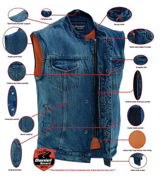 Concealed Snap Closure, Denim Vest Scoop Collar Hidden