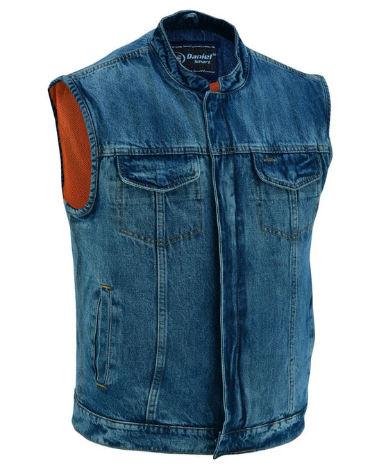 Concealed Snap Closure, Denim Vest Scoop Collar Hidden