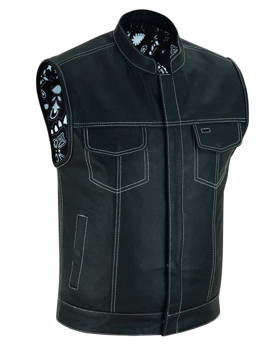 Men's Paisley Black Leather Motorcycle Vest with White Stitching