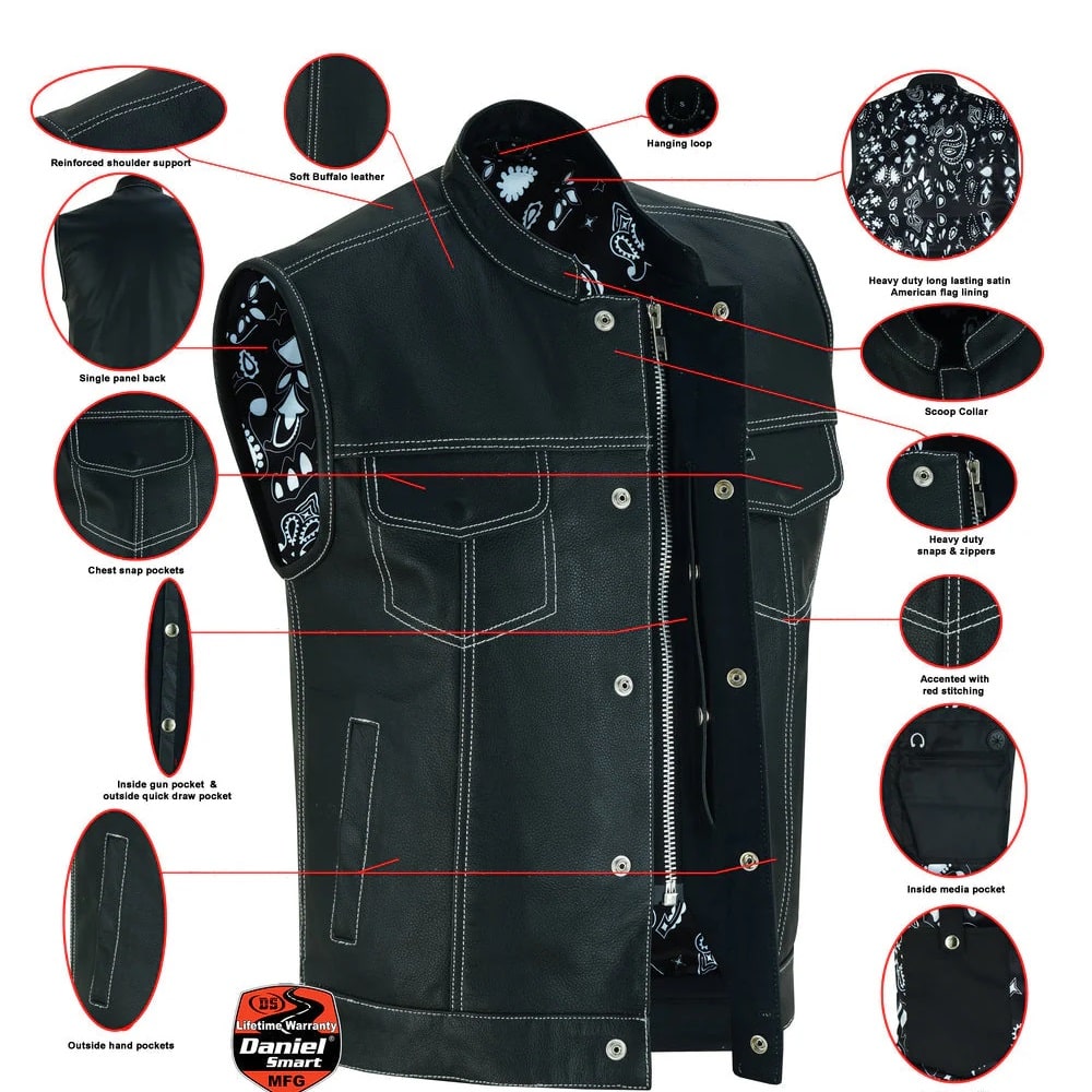 Men's Paisley Black Leather Motorcycle Vest with White Stitching - Diagram