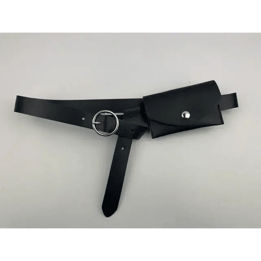 Black belt with silver buckle on a light gray background