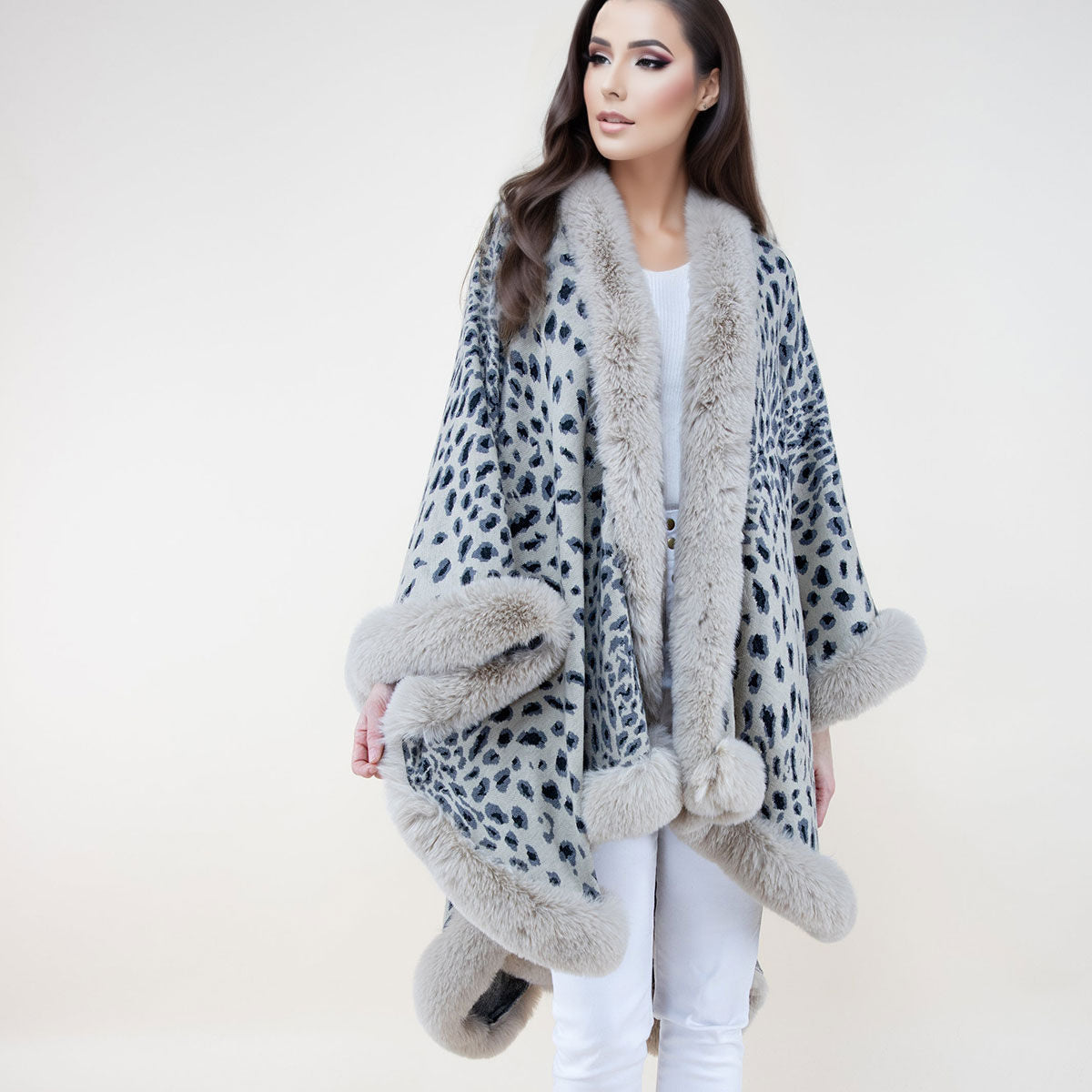 Shawl Cape Ruana Beige Cheetah Fur Wrap for Women