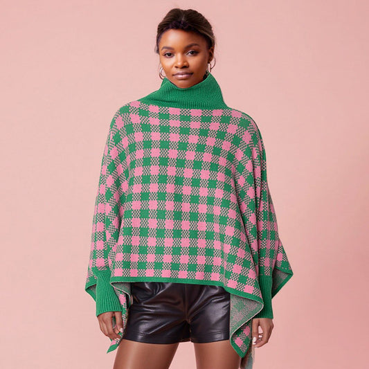 AKA Sorority Pink Green Checkerboard Knit Poncho