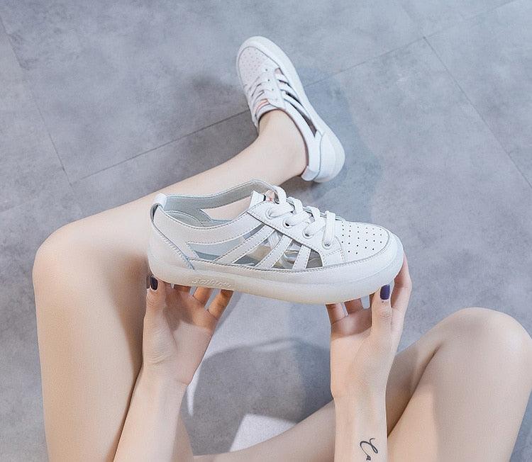 Women Genuine Leather Sneakers Summer White Lacing Flat Woman Casual mfortable Casual Everyday Walking Fashion Outdoor Sneakers