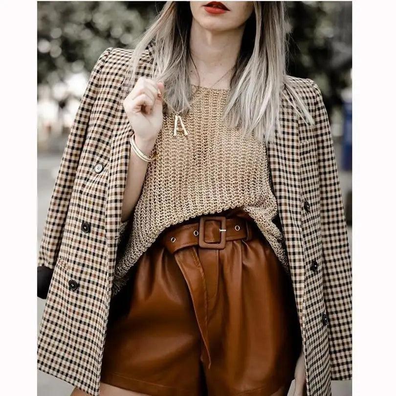 Women's Fashionable Office Wear Double Breasted Plaid Blazer Coat Vintage Long Sleeve Pockets Female Outerwear Chic Tops