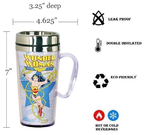 Size and Specs Wonder Woman Insulated Travel Mug