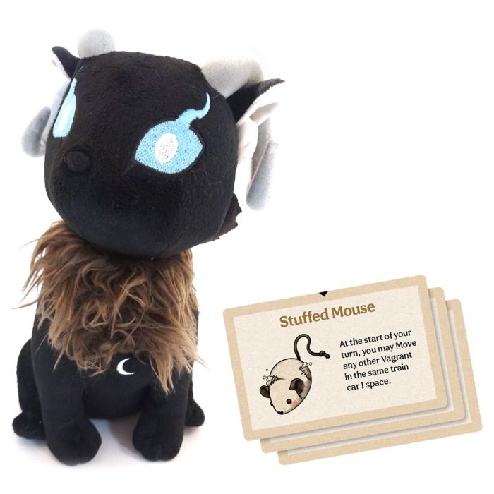 Black plush toy with brown hair and a card labeled 'Stuffed Mouse' on a white background