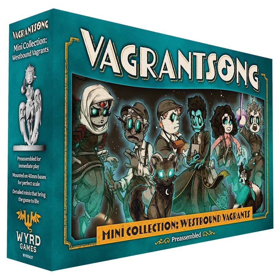 Vagrantsong mini collection box with illustrated characters on a teal background