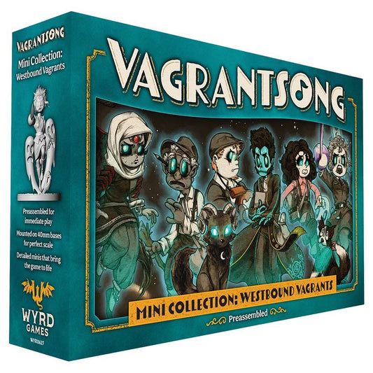 Vagrantsong mini collection box with illustrated characters on a teal background