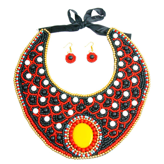 Multi Color Embroidered Bib Necklace Set