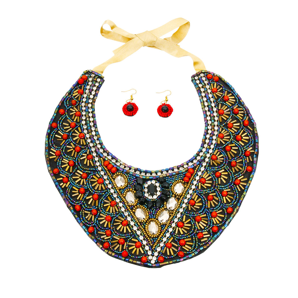 Multi Color Bead Bib Necklace Set