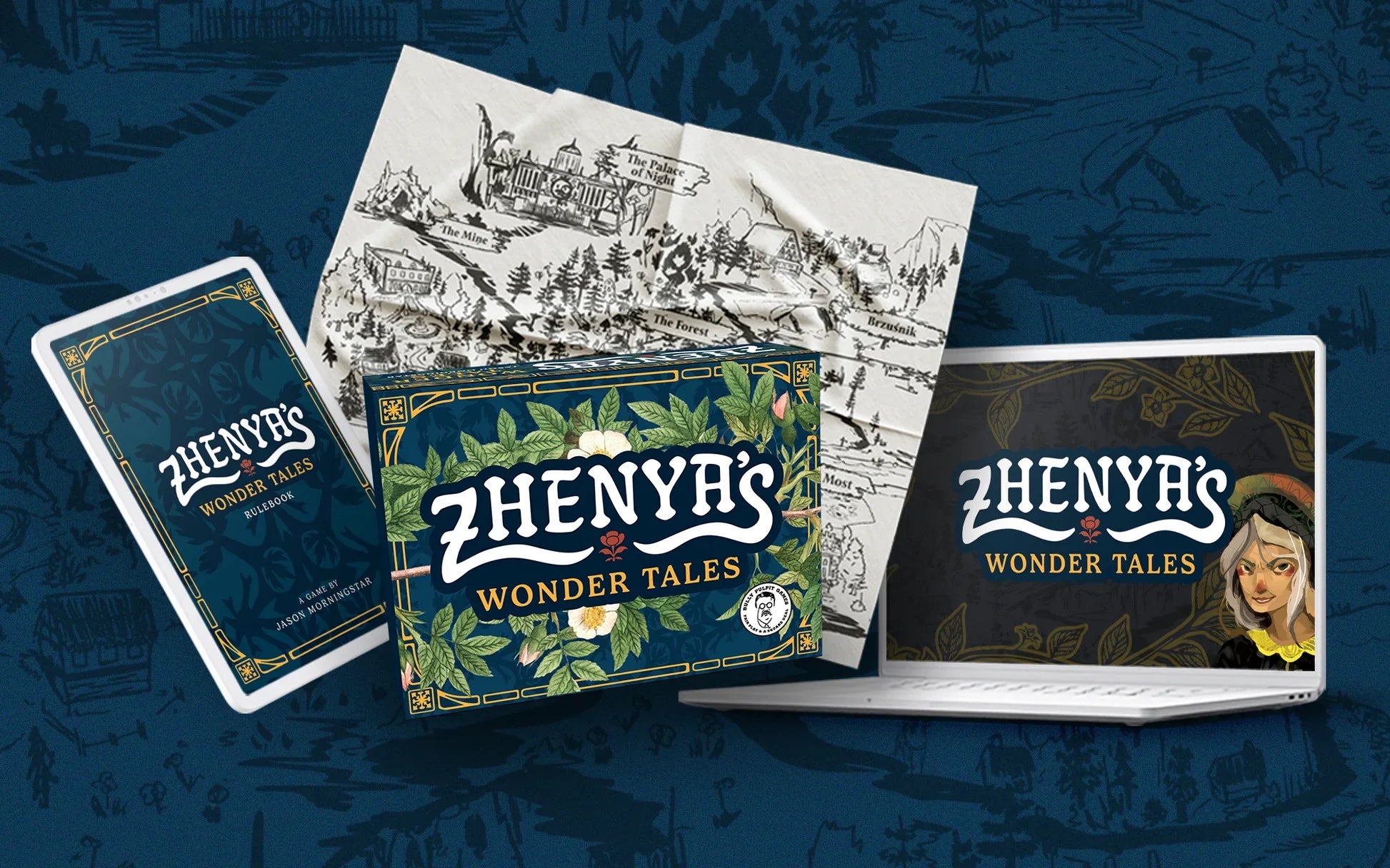 Collection of 'Zhenya's Wonder Tales' books and cards on a blue background with illustrations.