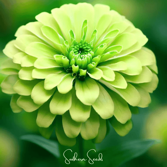 Close-up of a bright green zinnia flower with a blurred green background