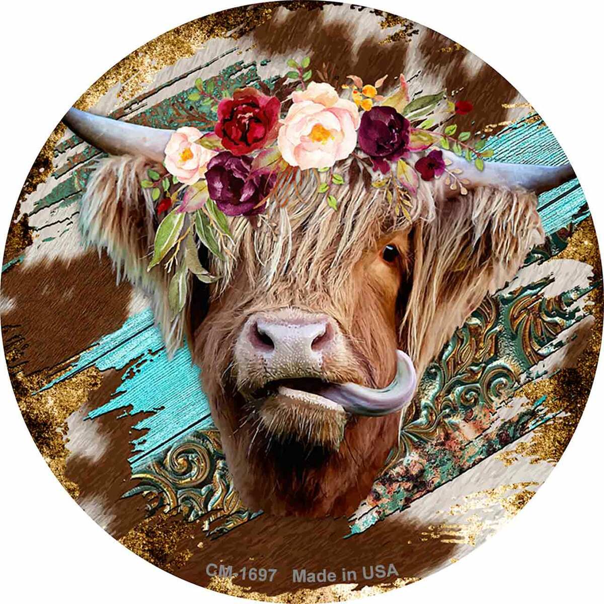Highland Cattle On Mixed Print Circular Coaster Set of 4