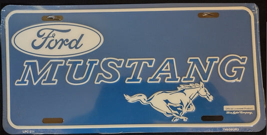 Ford Mustang White on Blue Background Collector's Metal License Plate