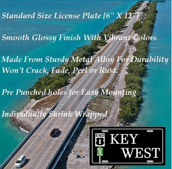 Key West Florida The End Product Description: 6x12 inch metal license plate style sign. High quality lightweight & durable alloy for a UV & weather resistant finish. Pre-drilled holes for quick and easy mounting. Smooth Glossy Finish With Vibrant Colors. Individually shrink-wrapped. Made in the USA.