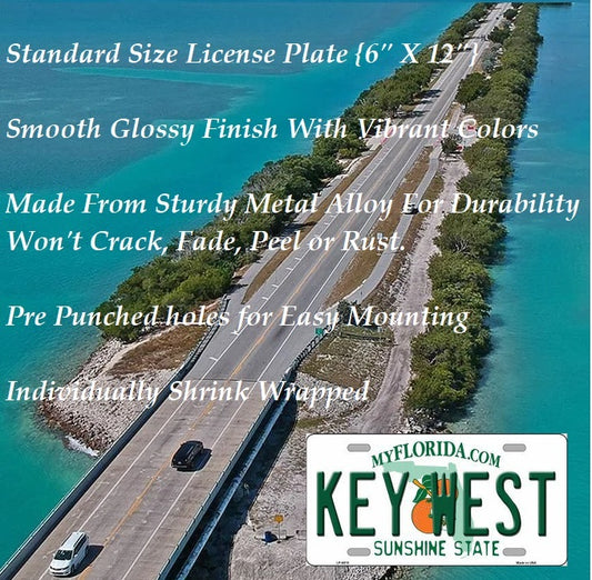 Florida Keys Highway Bridge. Product Description in foreground 6x12 inch metal license plate style sign. High quality lightweight & durable alloy for a UV & weather resistant finish. Pre-drilled holes for quick and easy mounting. Smooth Glossy Finish With Vibrant Colors. Individually shrink-wrapped. Made in the USA.  