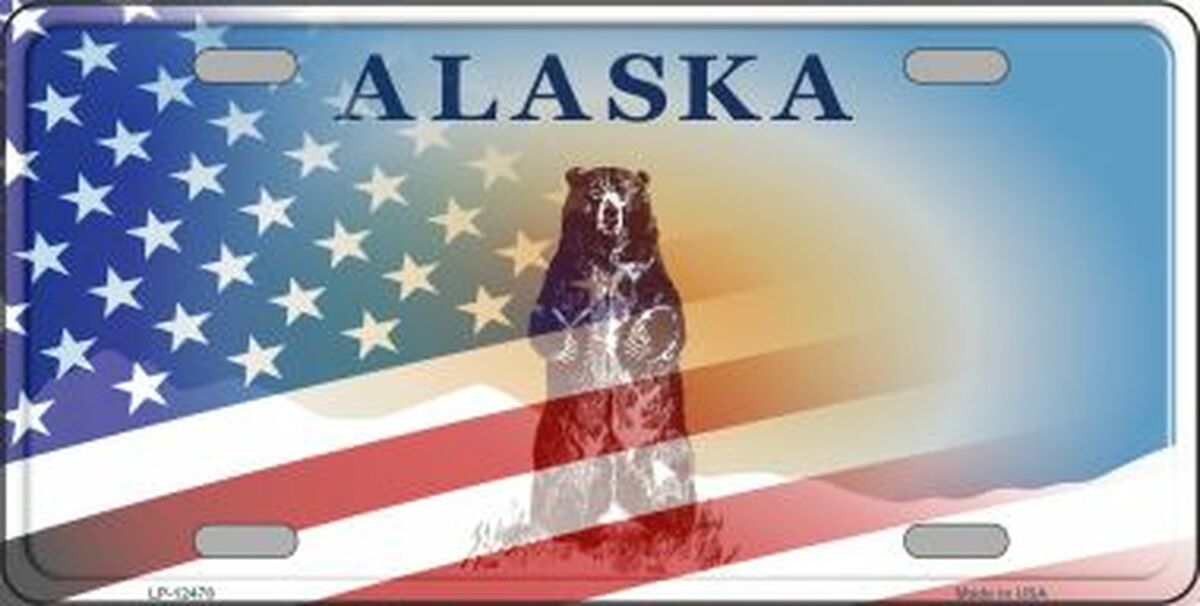 Alaska Bear with American Flag Novelty Metal License Plate 