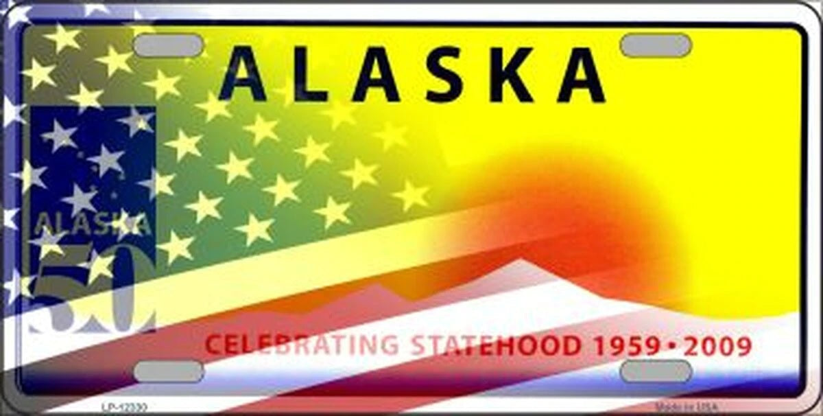 Alaska Yellow Flag with American Flag Novelty Metal License Plate