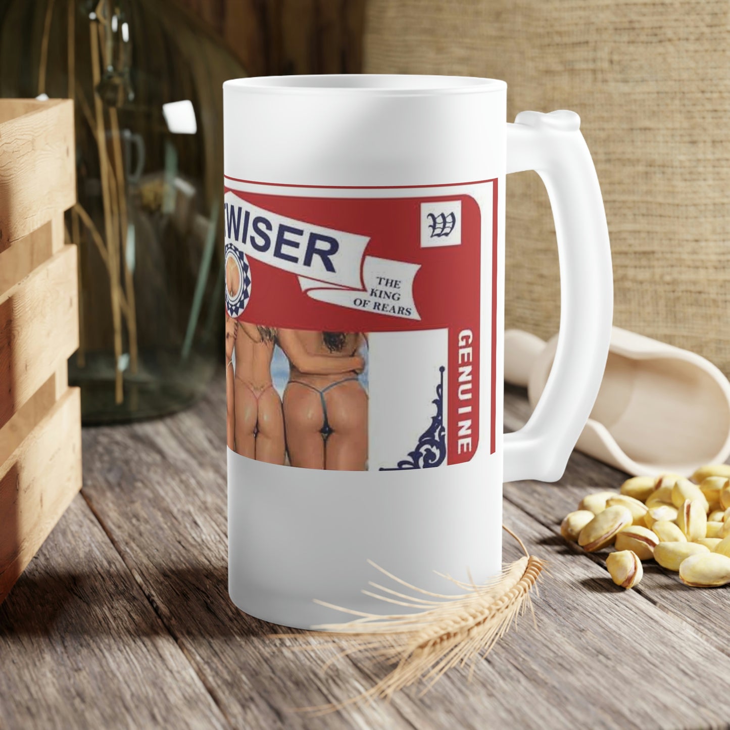 Buttwiser Frosted Glass Beer Mug In Context