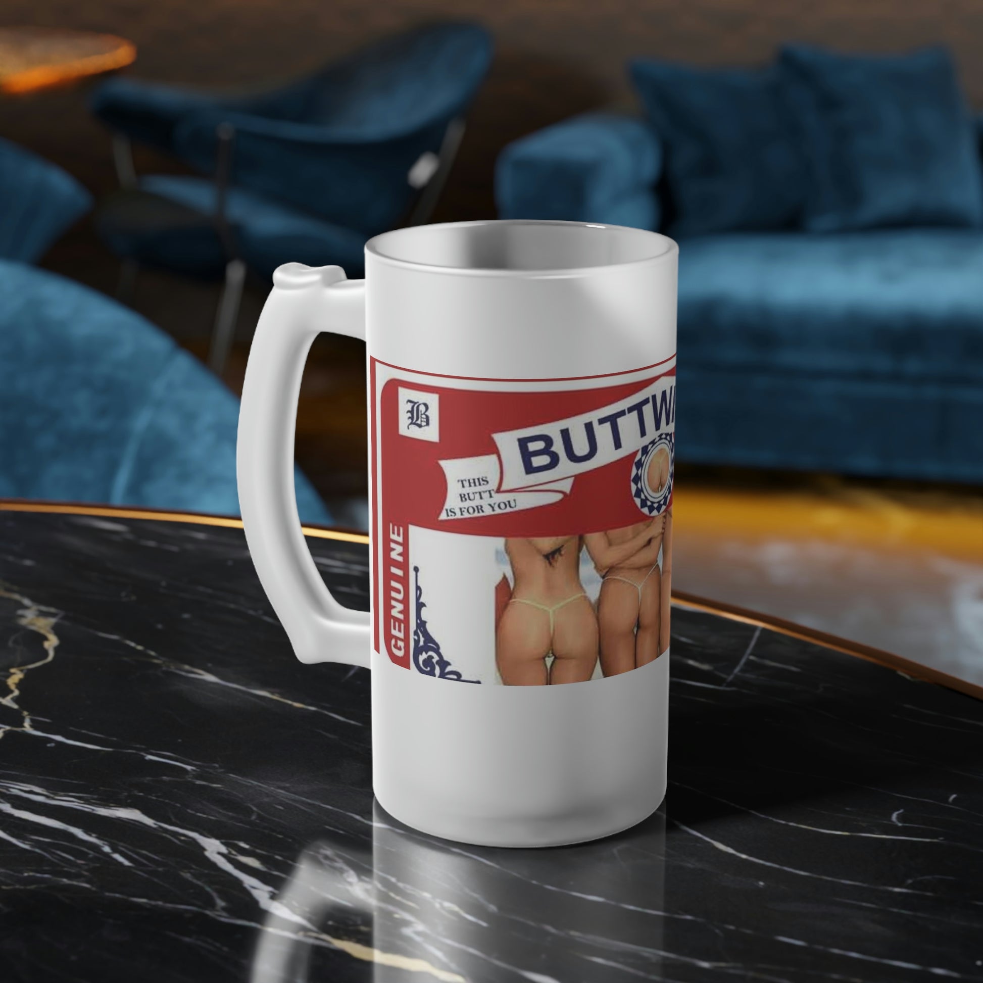 Buttwiser Frosted Glass Beer Mug In Living Room