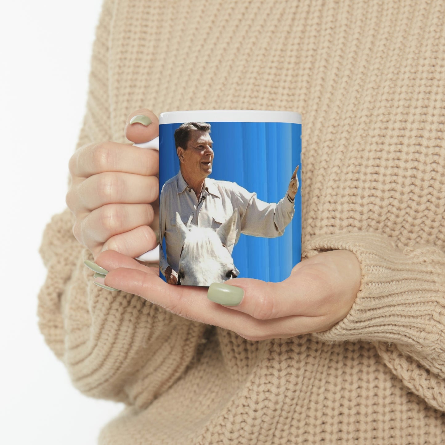 Woman Holding Ronald Reagan Collection Ceramic Mug 11oz - Freedoms Last Stand