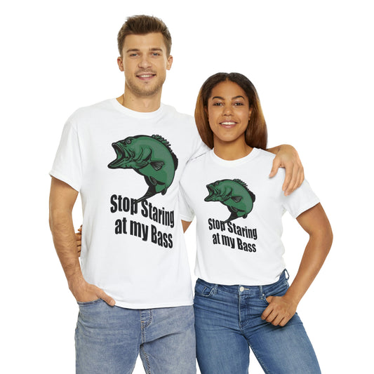 Stop Staring At My Bass Unisex Heavy Cotton Tee Modeled By Couple