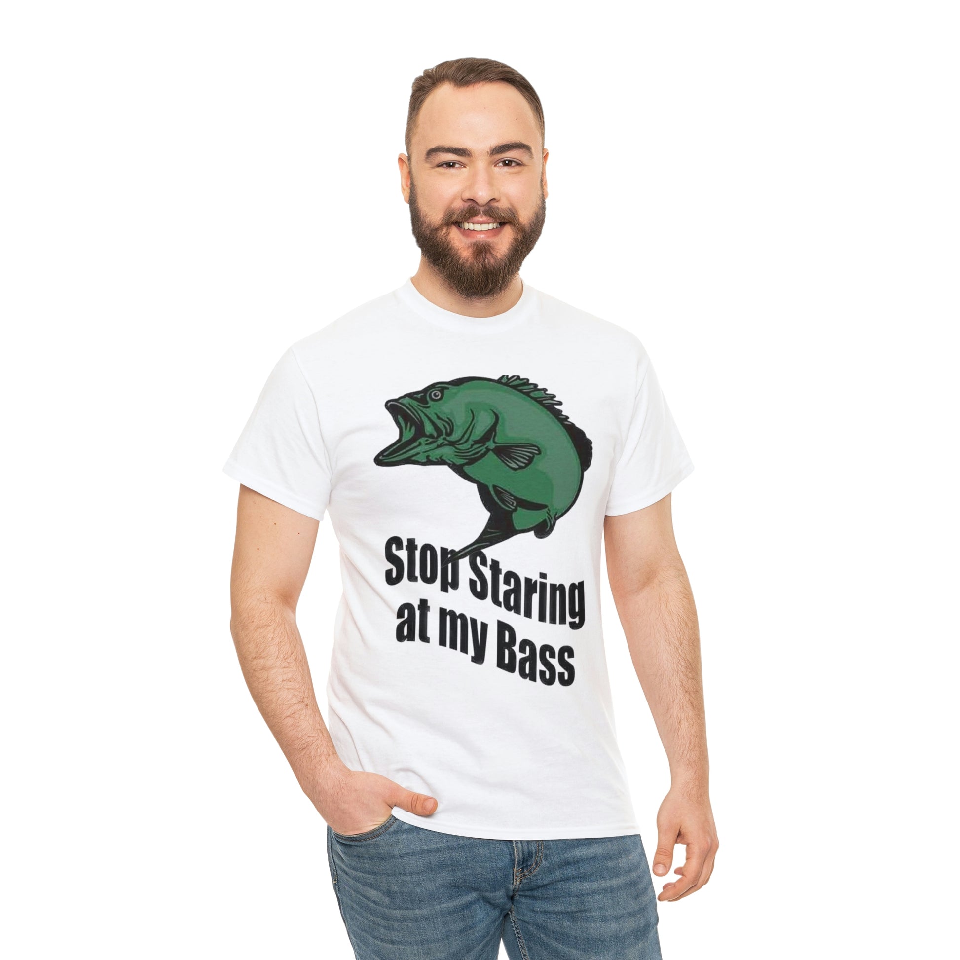 Stop Staring At My Bass Unisex Heavy Cotton Tee Modeled By Bearded Guy