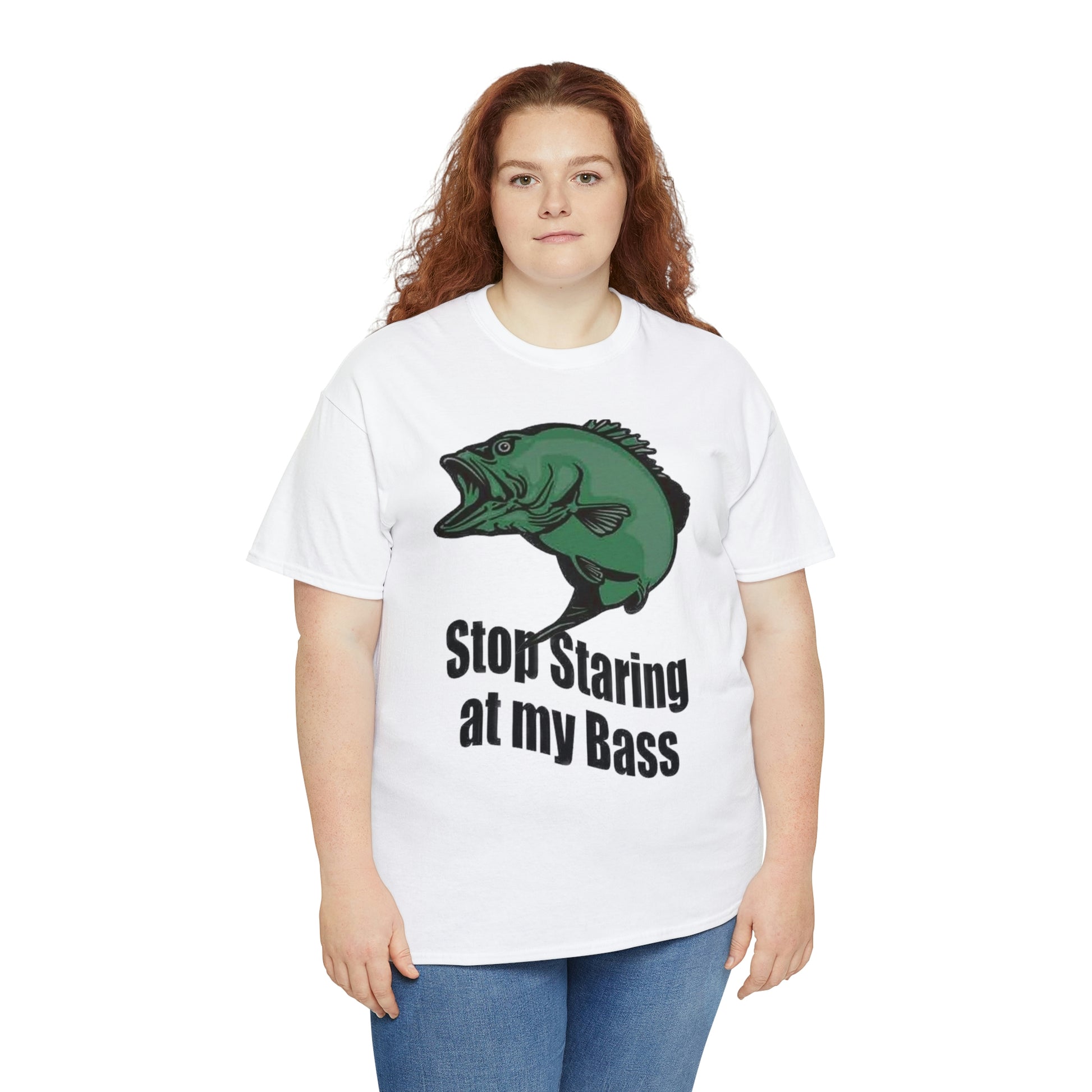 Stop Staring At My Bass Unisex Heavy Cotton Tee Modeled By Girl