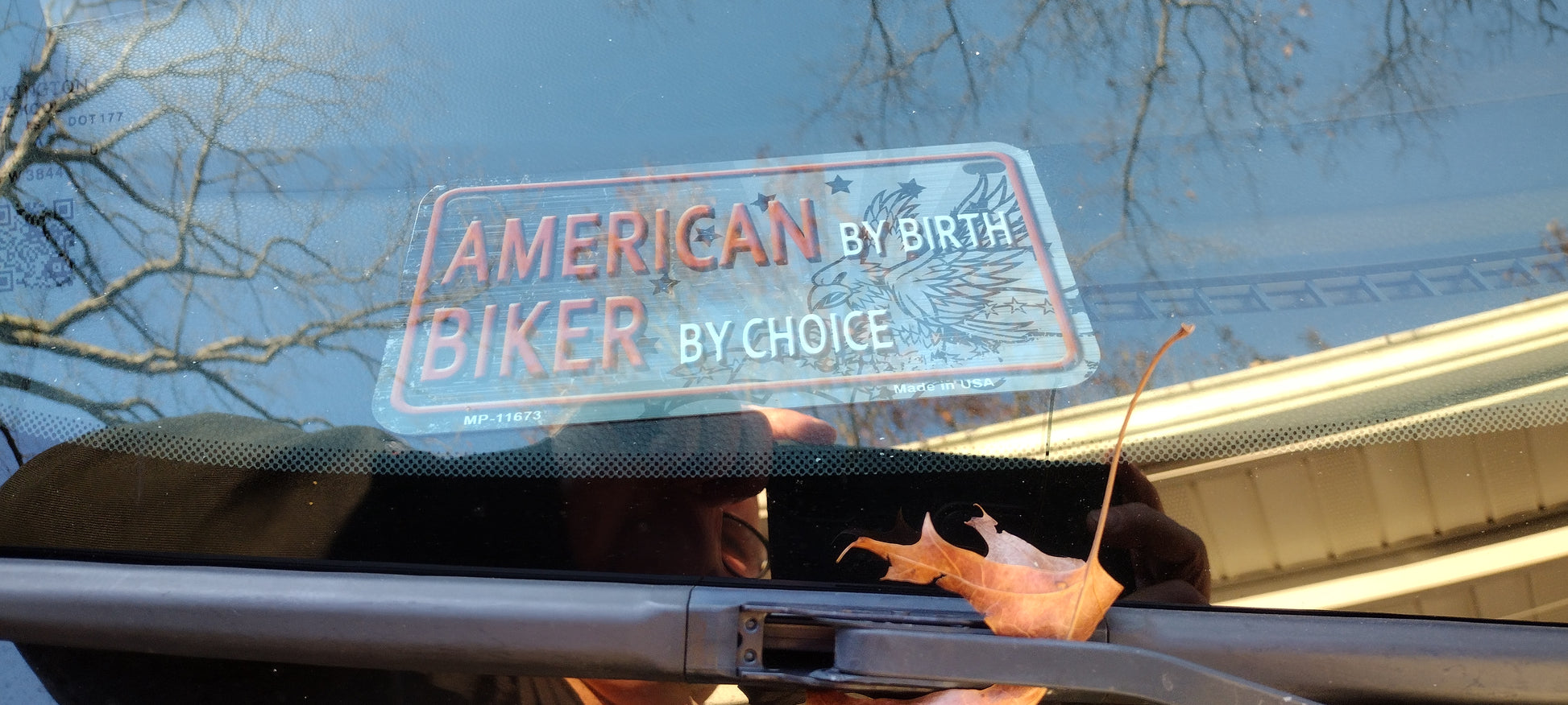 Windshield Display Of American Biker Novelty License Plate