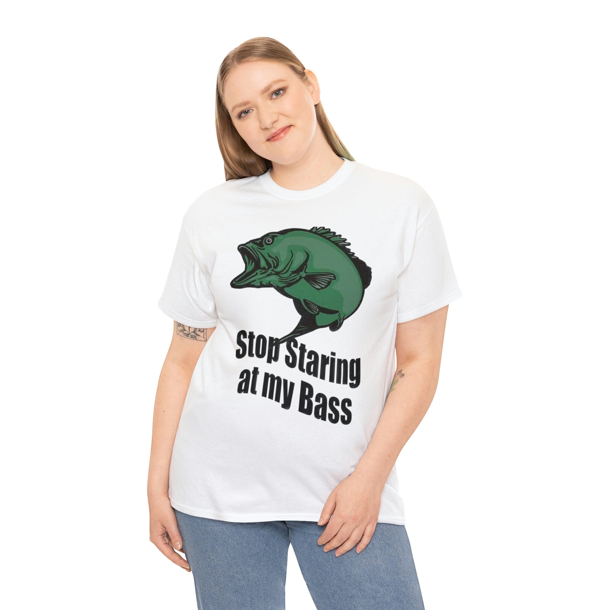 Stop Staring At My Bass Unisex Heavy Cotton Tee Modeled By Blonde Girl