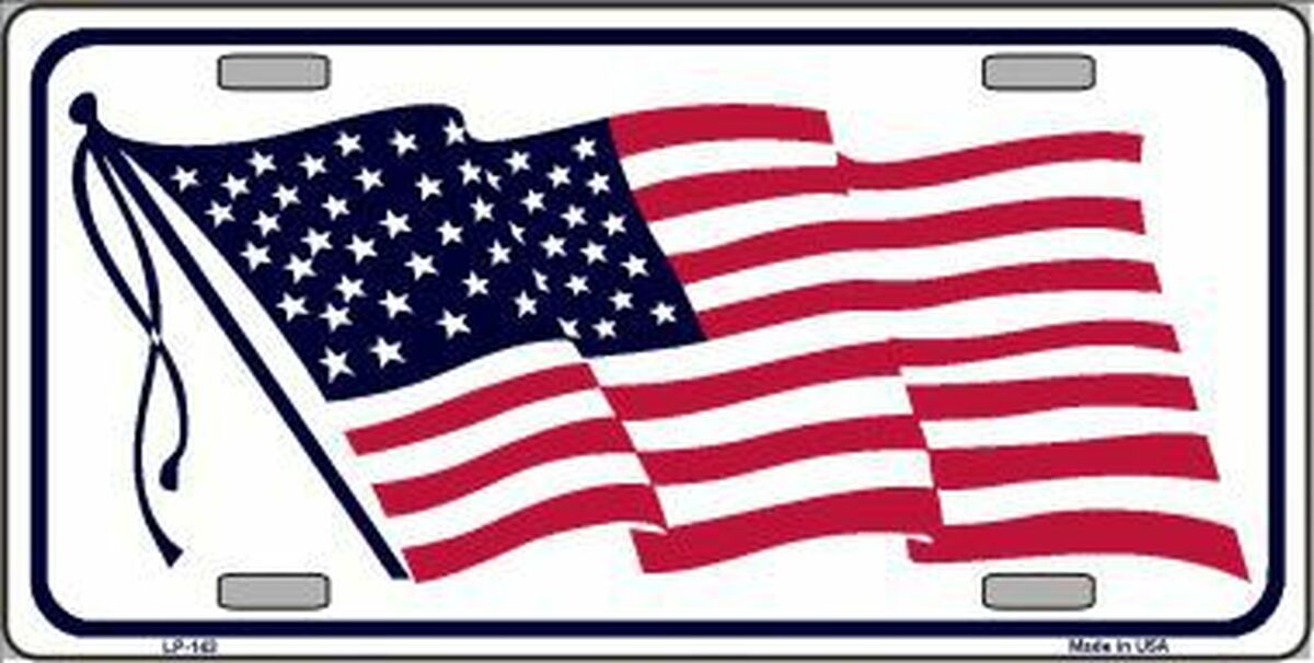 American Flag Waving White Metal Novelty License Plate 