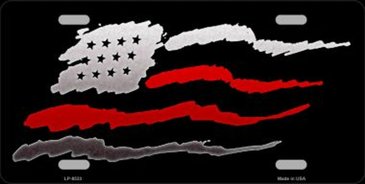Waving American Flag Thin Red Line License Plate