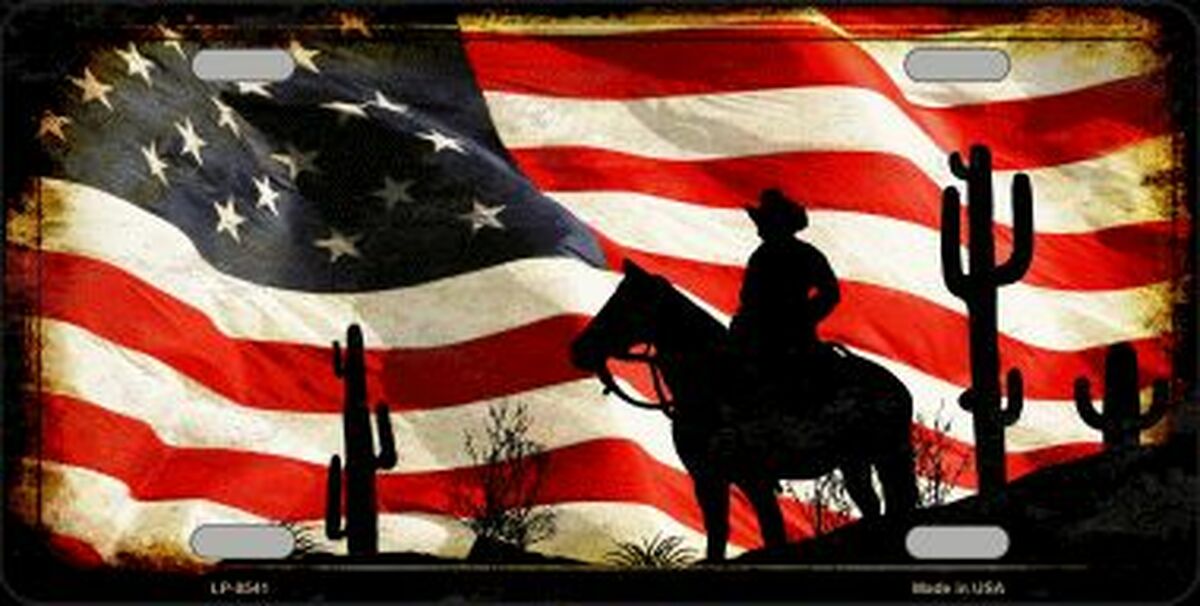 Cowboy On American Flag Metal License Plate